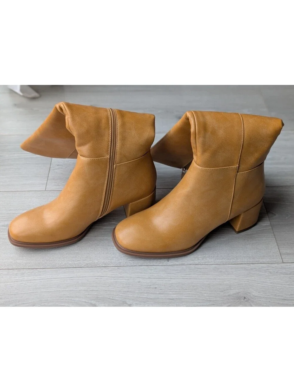 Aiuniind Tan Camel Square Toe Chunky Heel Knee High Boots 9.5